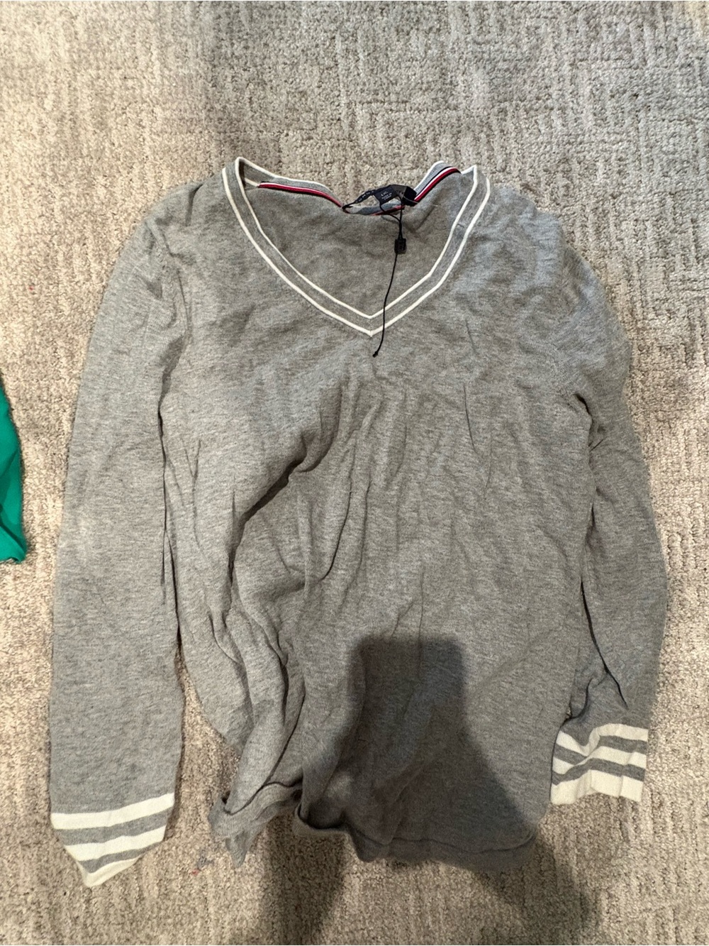Gray V-Neck Long Sleeve Top with Stripe Trim